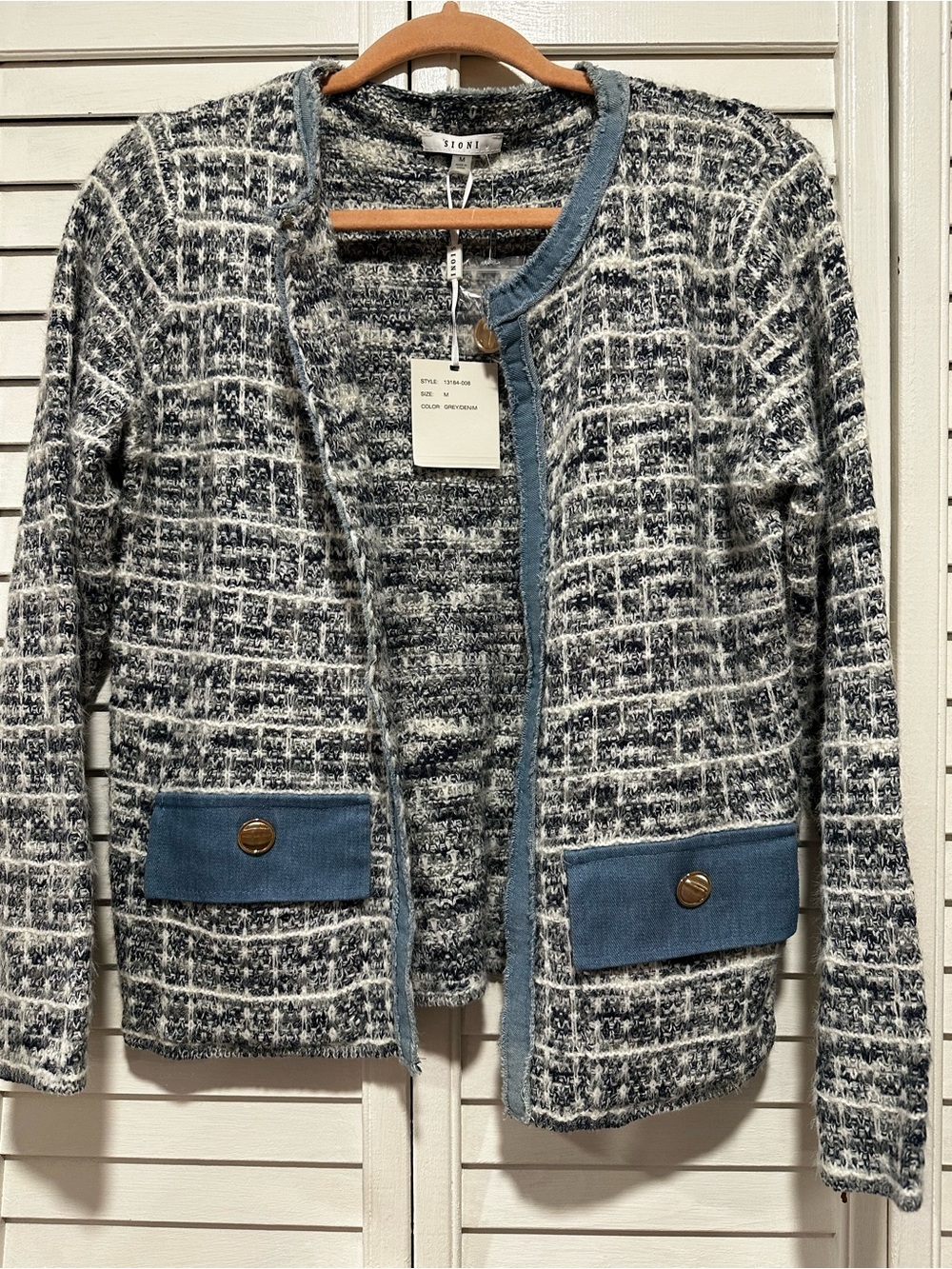 Sioni Blue & White Tweed Open-Front Jacket with Denim Trim